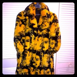 Marilyn Monroe Print Faux Fur Coat Yellow Black Statement Jacket Size M